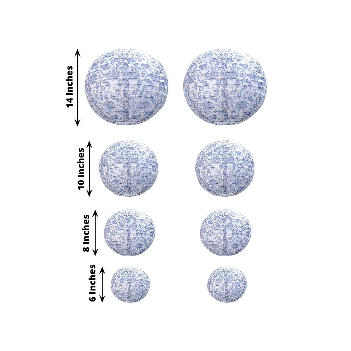Set of 8 White Blue Hanging Chinese Lanterns in French Toile Floral Pattern, Festival Paper Lanterns - 6",8",10",14"