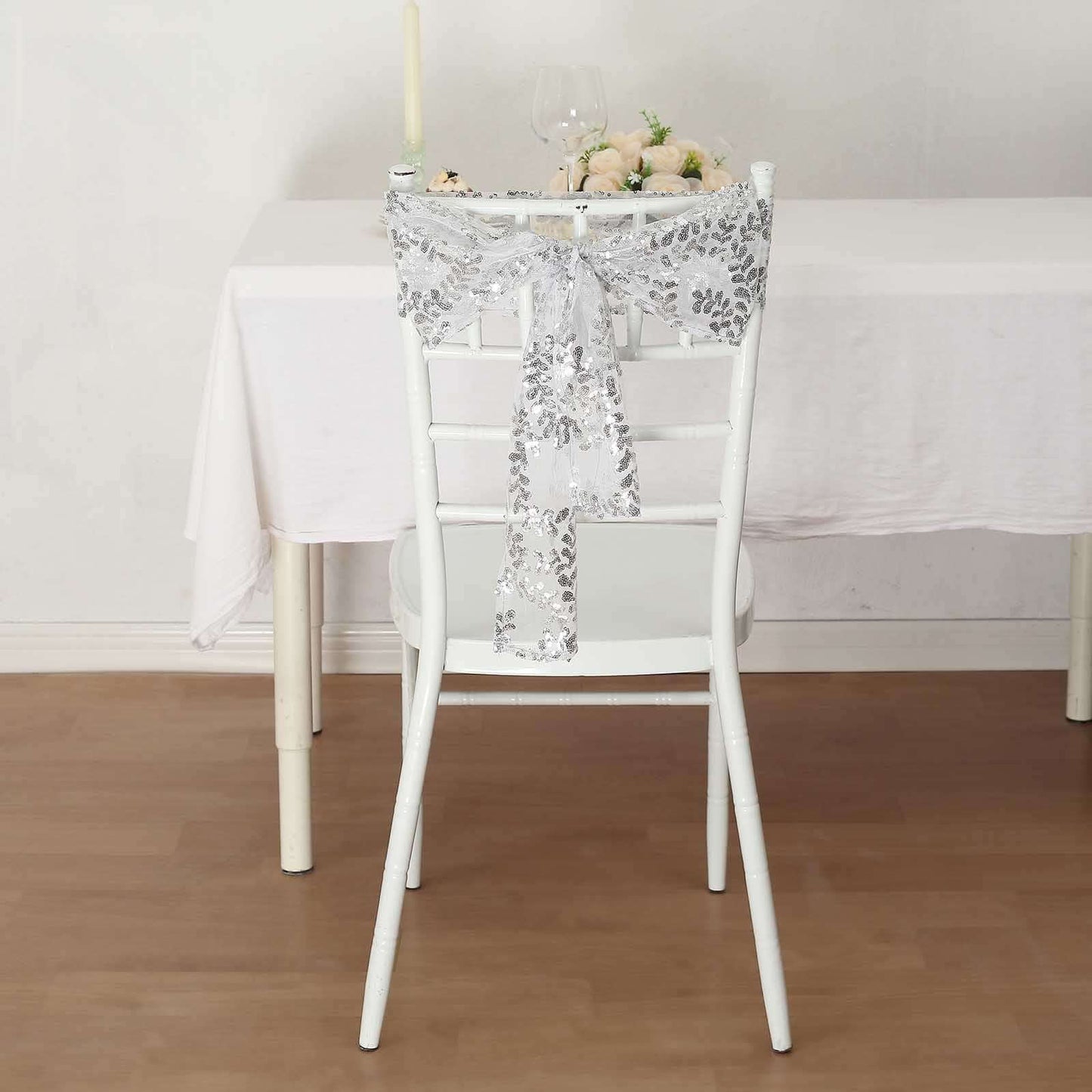 5 Pack Tulle Chair Sashes with Leaf Vine Embroidered Sequins Silver 6"x88"