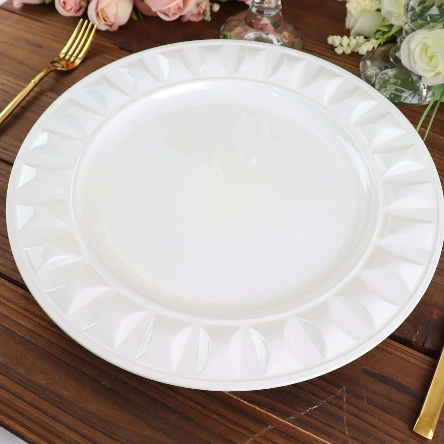 6-Pack Plastic Round Charger Plates 13" in White with Bejeweled Rim, Luxe Decorative Dinner Party Charger Tableware