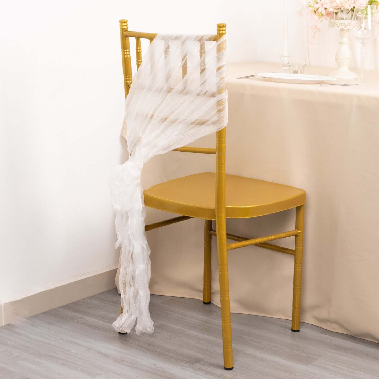 5 Pack Crinkled Organza Chair Sashes White with Shimmer Chiffon Layers - Stylish Sheer Decor for Weddings & Gatherings