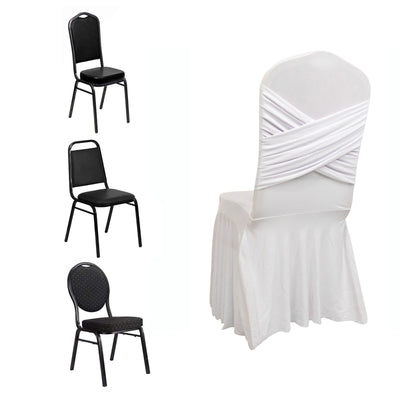 White Spandex Banquet Chair Cover with Ruffle Skirt & Cross Back Sash â€“ Stretch Slipcover for Events