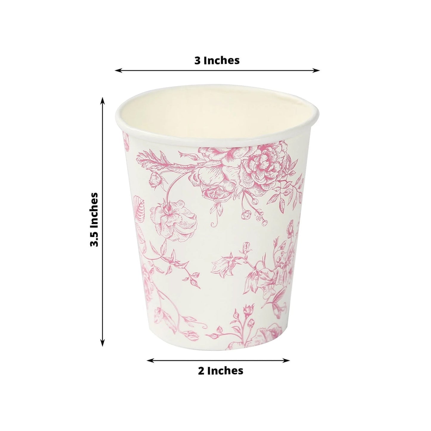 24-Pack Paper Cups in White with Pink French Toile Print - Stylish Disposable Floral Party Cups for Weddings & All Purpose Use 9oz
