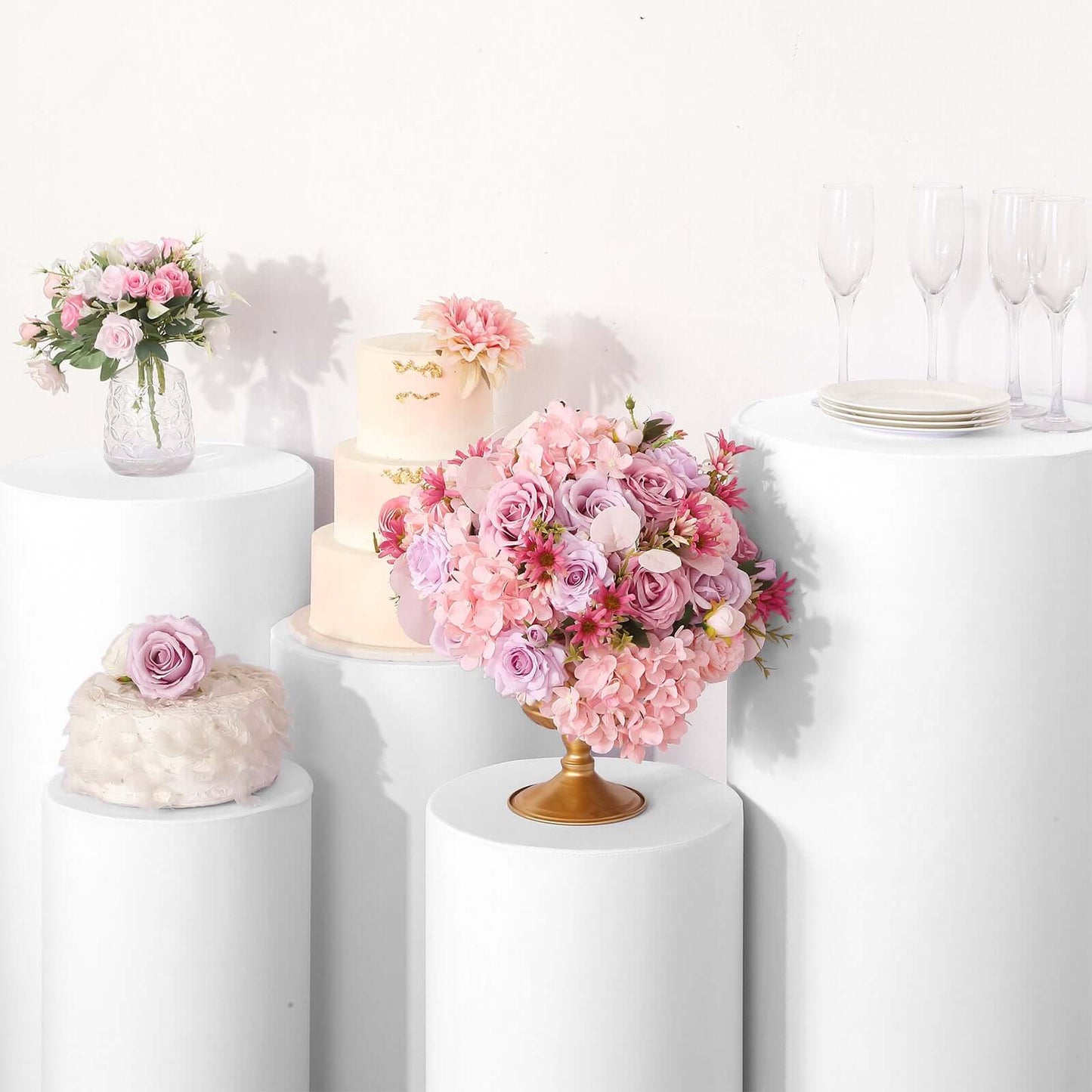 Set of 5 White Spandex Cylinder Pedestal Stand Covers, Stretchable Pillar Prop Covers - 160 GSM