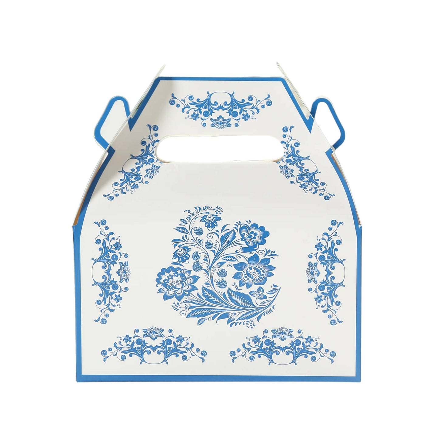 25 Pack Candy Gift Tote Gable Boxes in White Royal Blue Damask Floral Pattern, Party Favor Treat Boxes - 6"x3.5"x7"