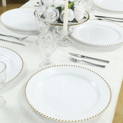 10-Pack Economy Round Plastic Charger Plates 13" in White with Gold Beaded Rim, Stylish Dinner Party Serving Plates