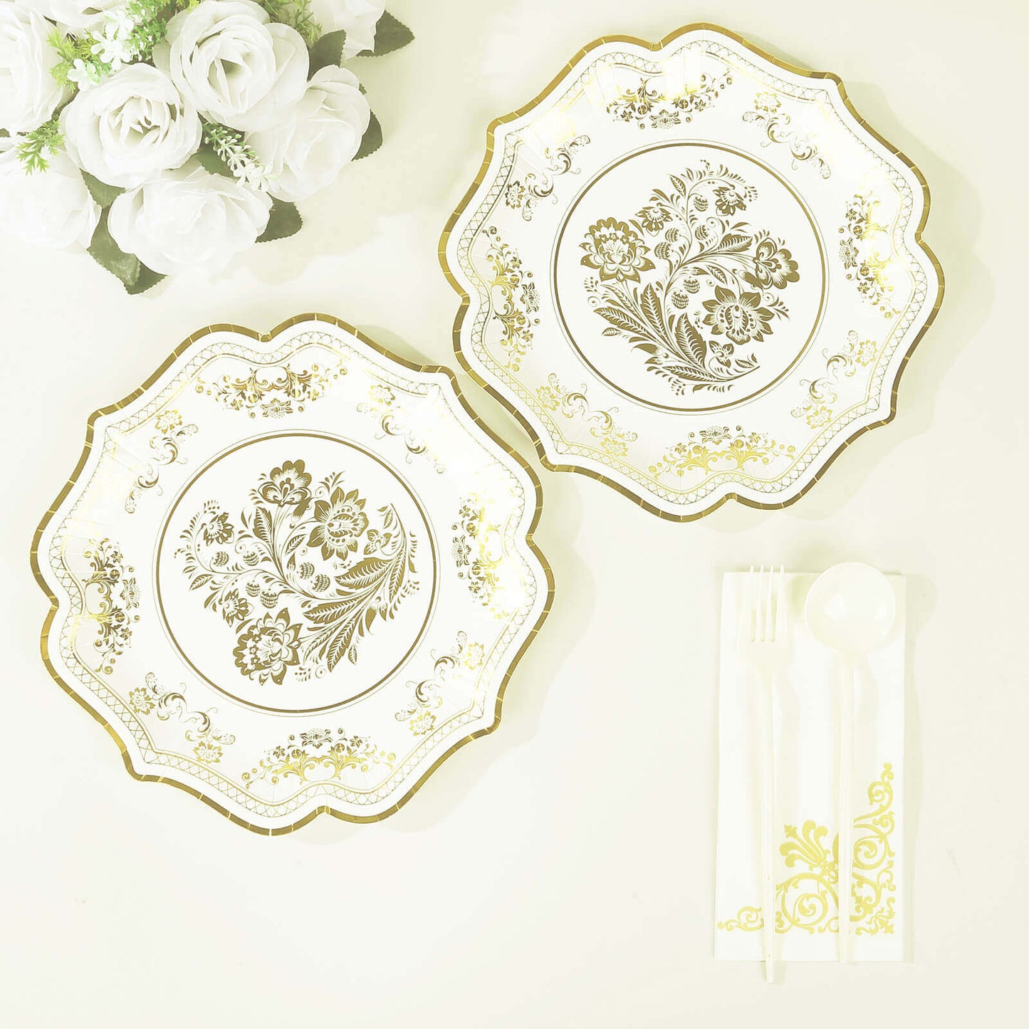 25-Pack Paper Dinner Plates in White Gold Damask Floral Print & Scallop Rim - Stylish Disposable 300GSM Floral Party Plates 10"