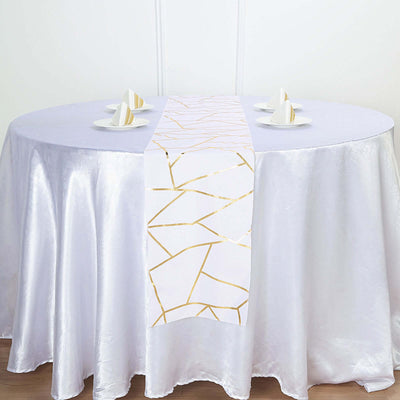 Polyester 9ft Table Runner White with Gold Foil Geometric Pattern - Modern & Stylish Table Decor