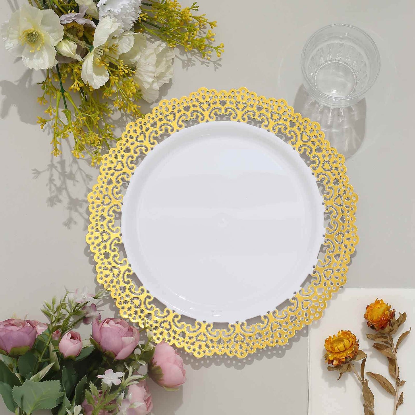 10-Pack Plastic 10" Round Dinner Plates in White with Gold Lace Rim - Disposable Party Plates for Classy Events & Banquets