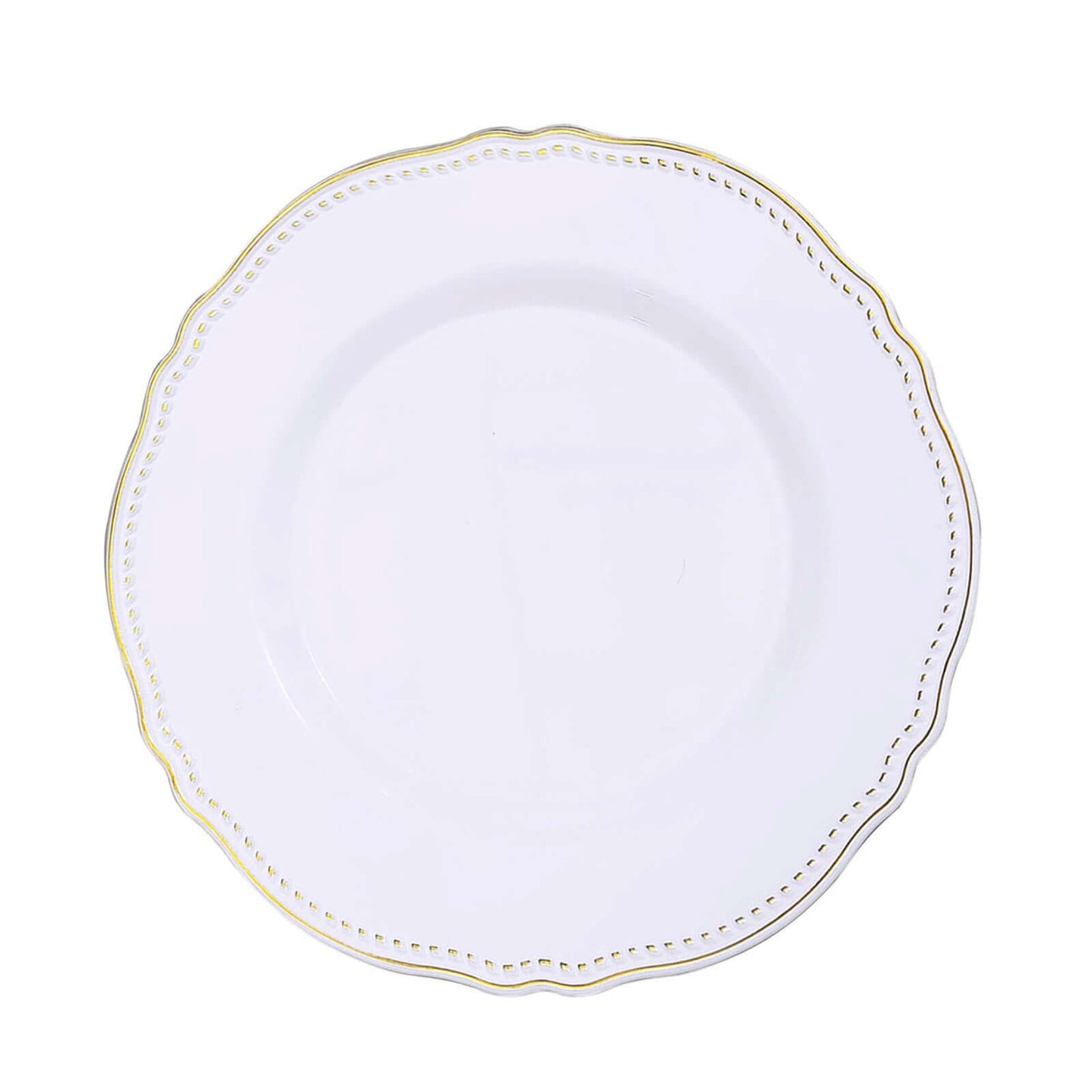 10-Pack Plastic 10" Dinner Plates in White with Gold Scalloped Rim - Disposable Large Party Plates for Upscale Events & Banquets