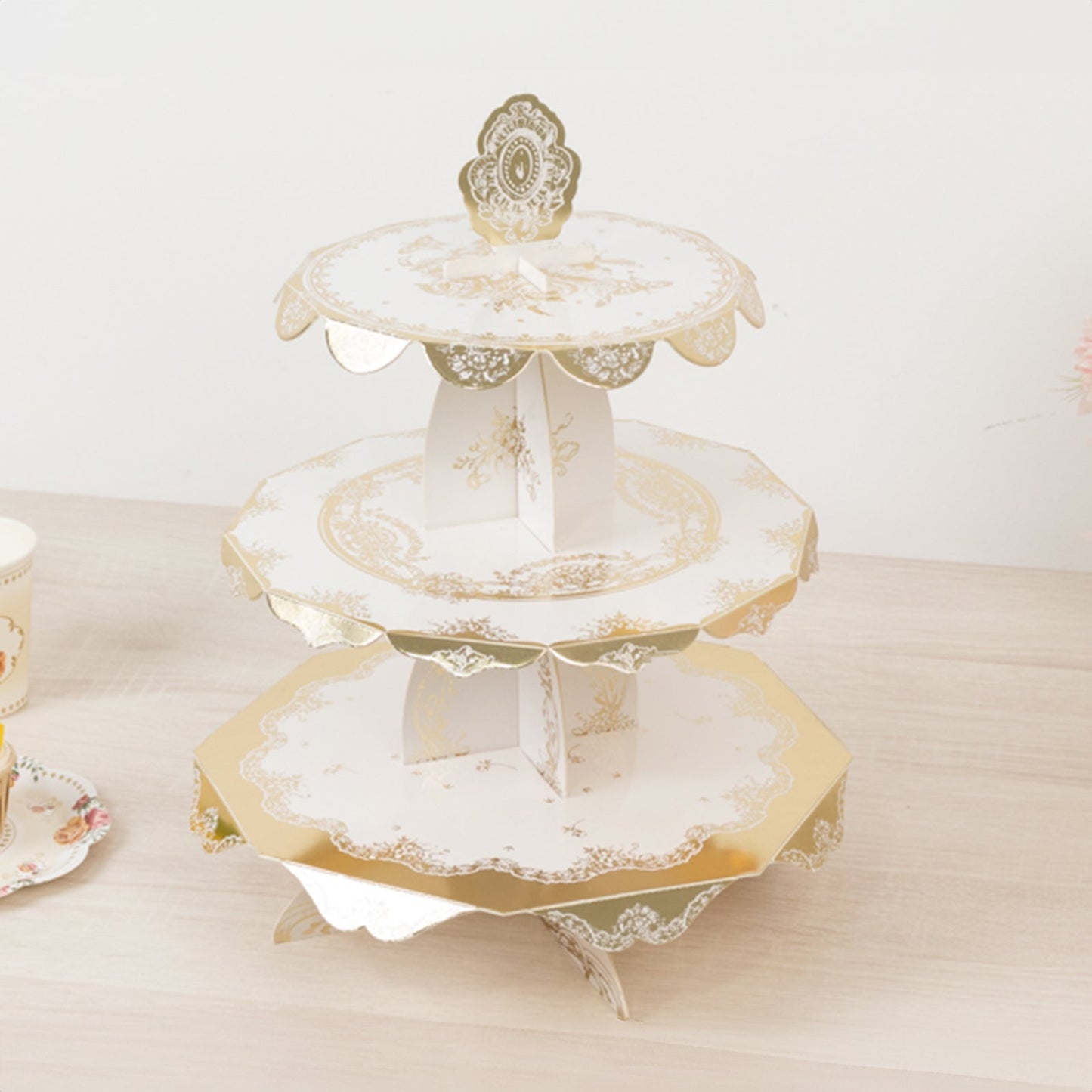 2-Pack 3-Tier Cupcake Display Stands with Vintage Floral Pattern, White Gold Round Cardboard Dessert Towers - 15"