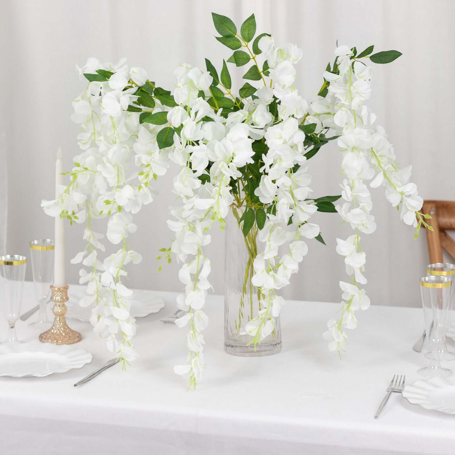 5 Pack 44" Silk Hanging Wisteria Flower Garland Vines in White, 3 Strands in 1 Bush