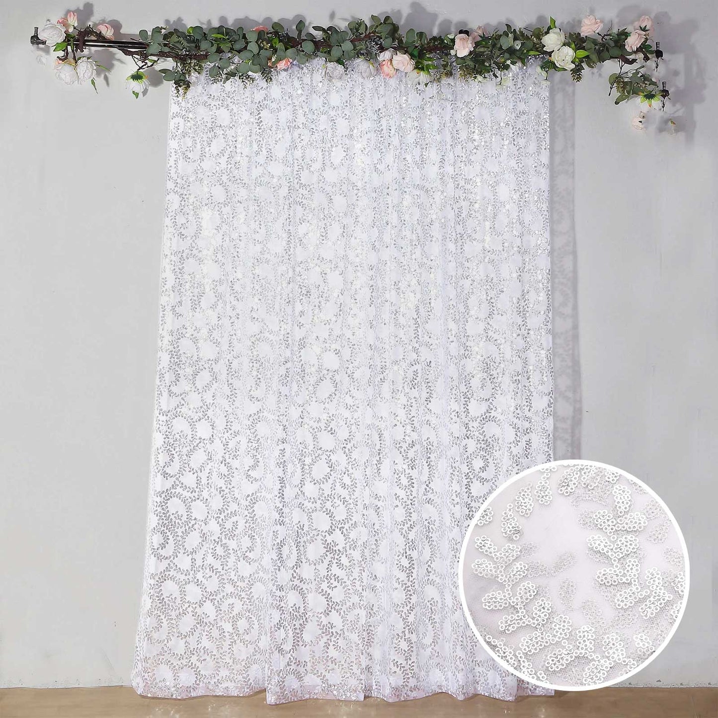 8ftx8ft Silver Embroider Sequin Event Curtain Drapes, Sparkly Sheer Backdrop Event Panel With Embroidery Leaf