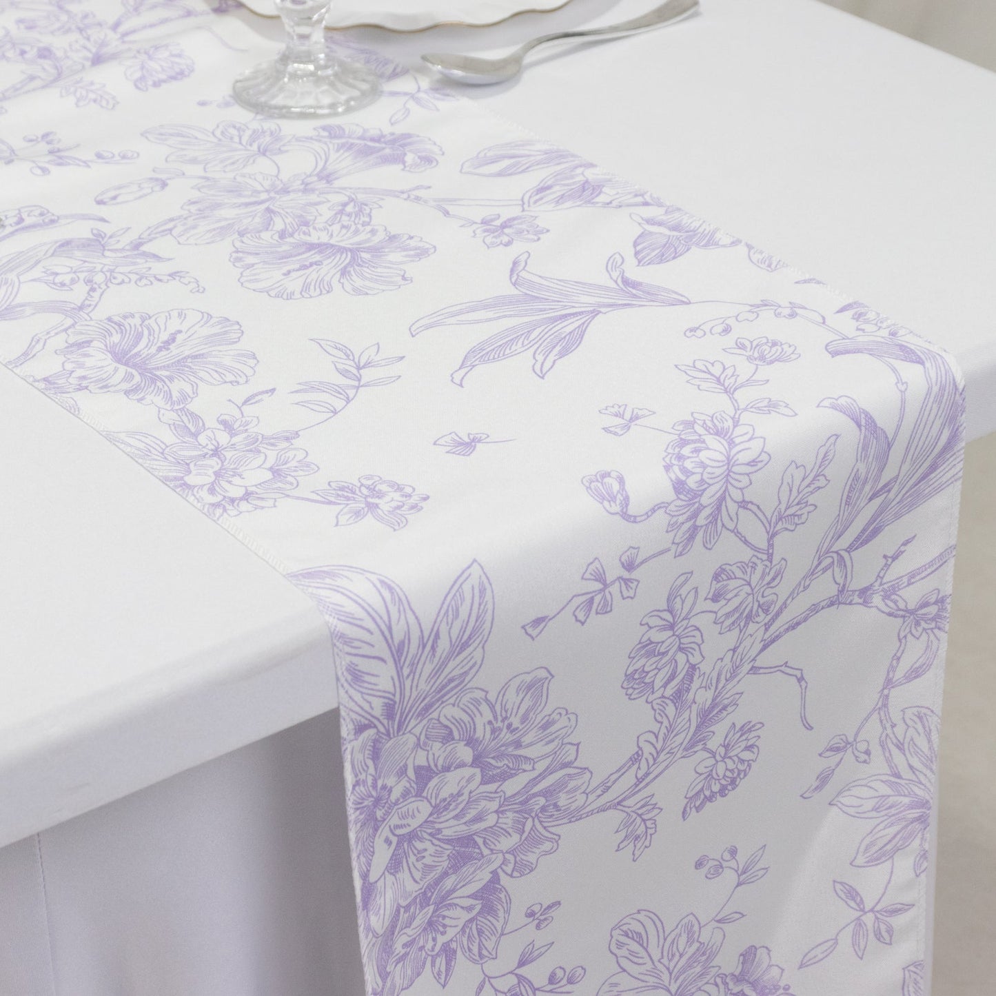 Polyester Table Runner 12"x108" White with Lavender Lilac French Toile Floral Print - Stylish Reusable Table DÃ©cor