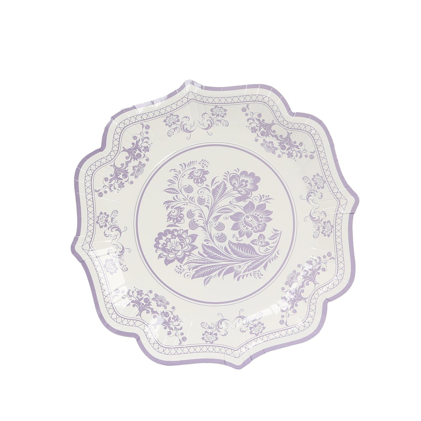 25-Pack Paper Dinner Plates in White Lavender Lilac Damask Floral Print & Scallop Rim - Stylish Disposable 300GSM Floral Party Plates 10"