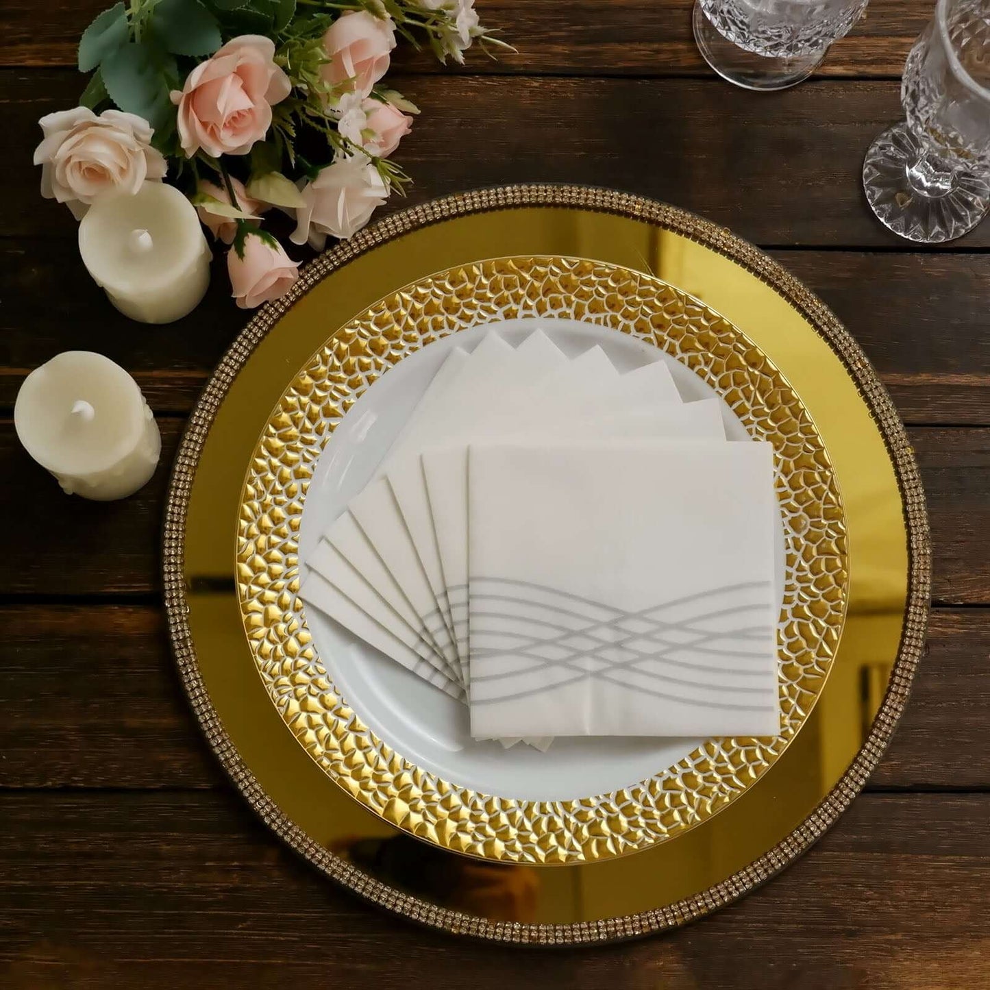 20 Pack Linen-Like Paper 5"x5" Napkins White - Silver Foil Wave Design Airlaid Cocktail Napkins