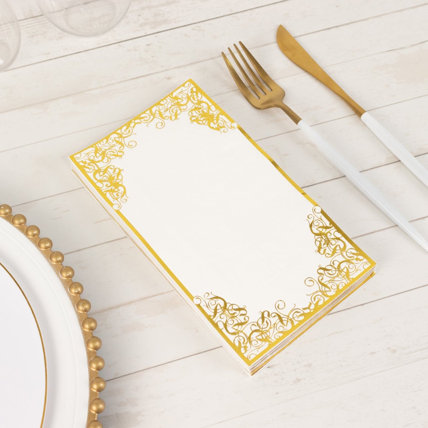 50-Pack Paper Dinner Napkins White with Gold Foil Lace Design 2 Ply - European Style Napkins for Parties 8"x4"