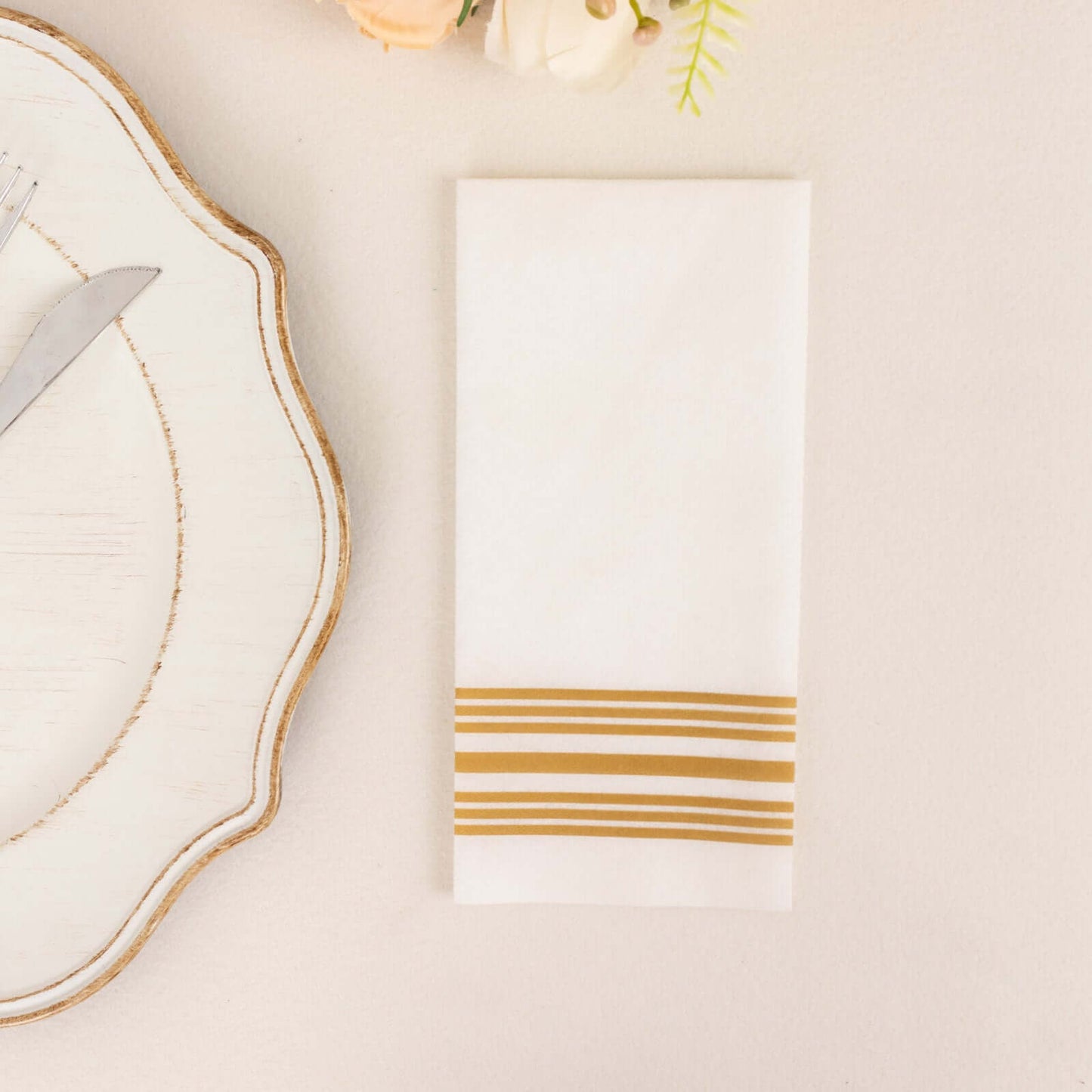 20 Pack Linen-Like Paper 8"x4" Napkins White With Gold Lines - Soft Hygienic Airlaid Guest Towels