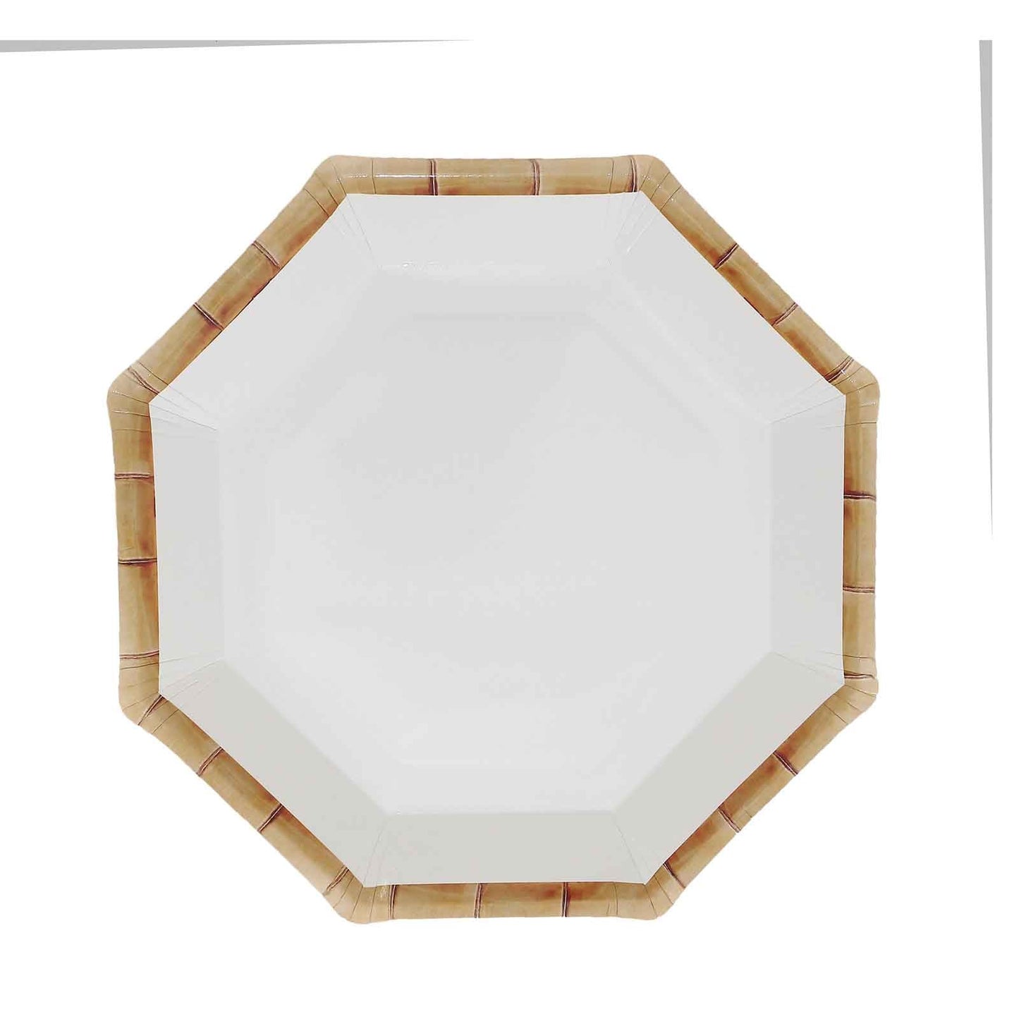 25-Pack Paper 9" Octagonal Dinner Plates in White with Bamboo Print Rim - Disposable Geometric Party Plates for Tropical & Beach Themed Celebrations