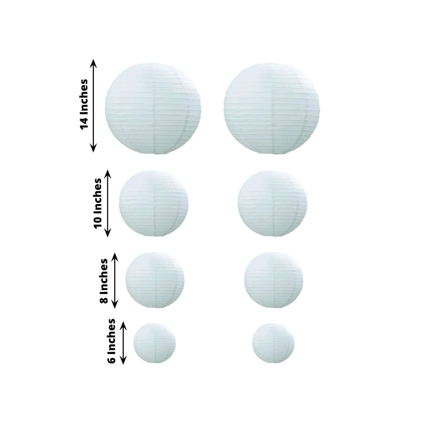 Set of 8 White Hanging Paper Lanterns, Decorative Round Chinese Sky Lanterns, Assorted Sizes  - 6",8",10",14"