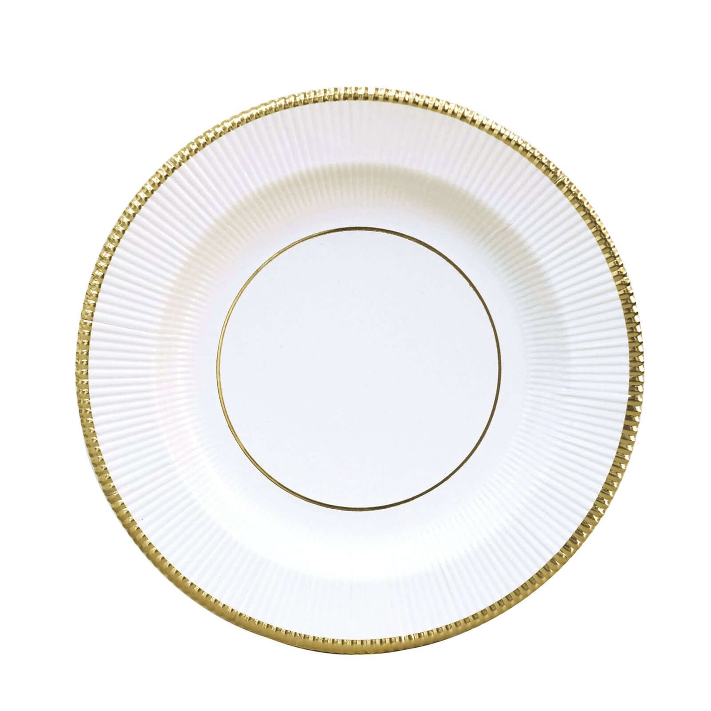 25-Pack Paper 8" Round Dessert Plates in White Sunray Design with Gold Rim - Disposable Heavy Duty 350GSM Appetizer Salad Plates for Banquets & Celebrations