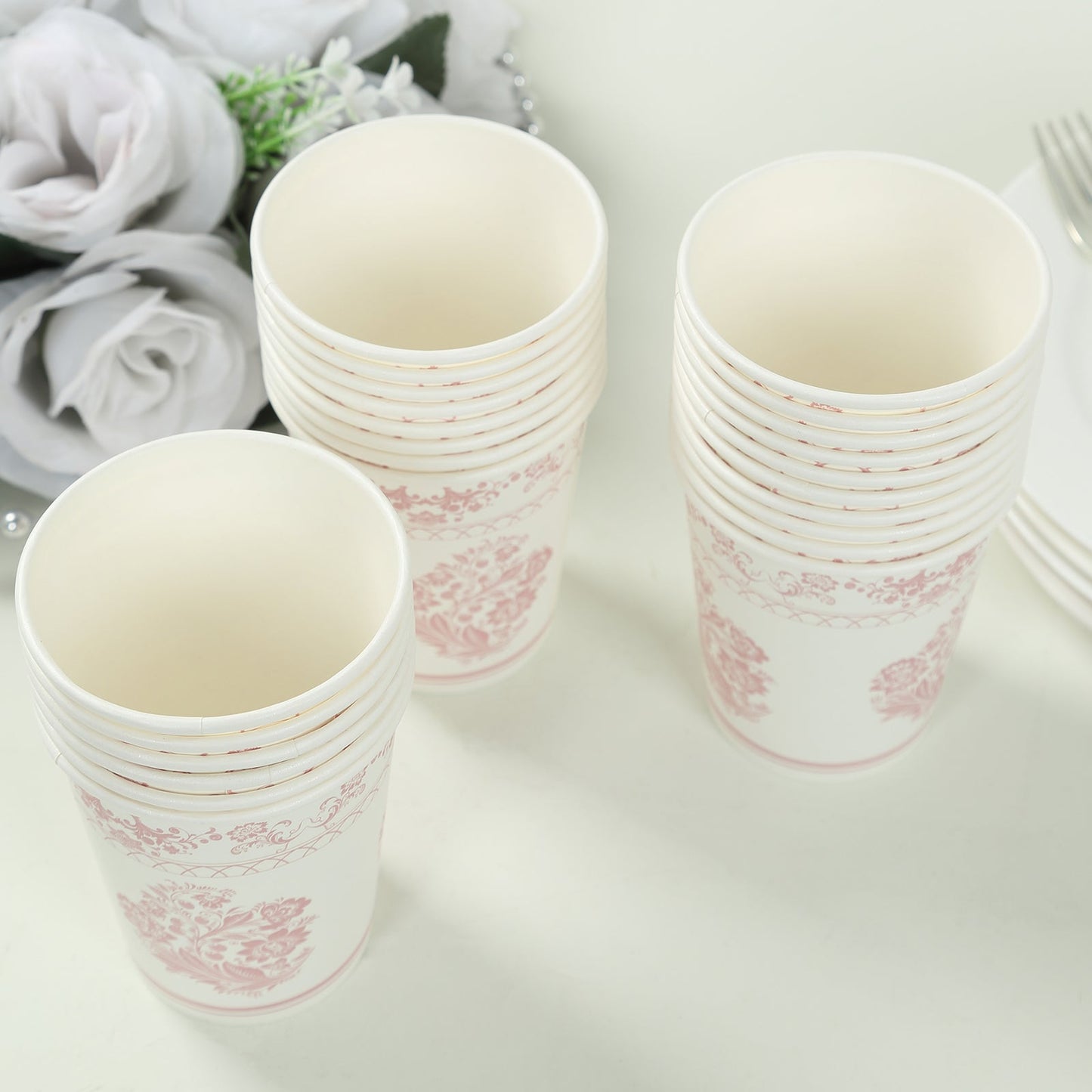 24 Pack Disposable Paper Cups in White Pink Damask Floral Pattern, Elegant Party Cups - 9oz