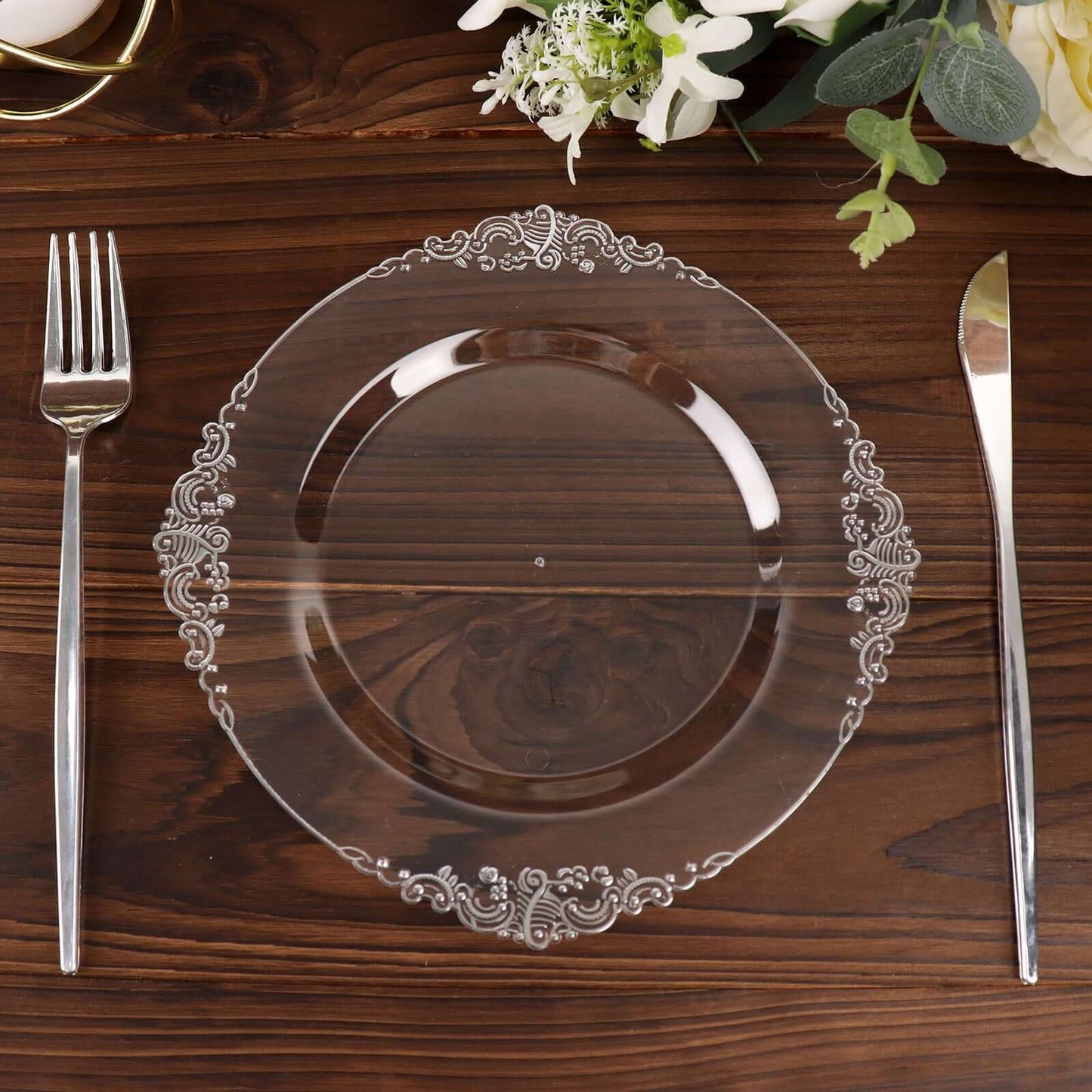 10-Pack Plastic 8" Round Dessert Plates in Clear with Silver Leaf Embossed Rim - Disposable Vintage Baroque Style Salad Plates