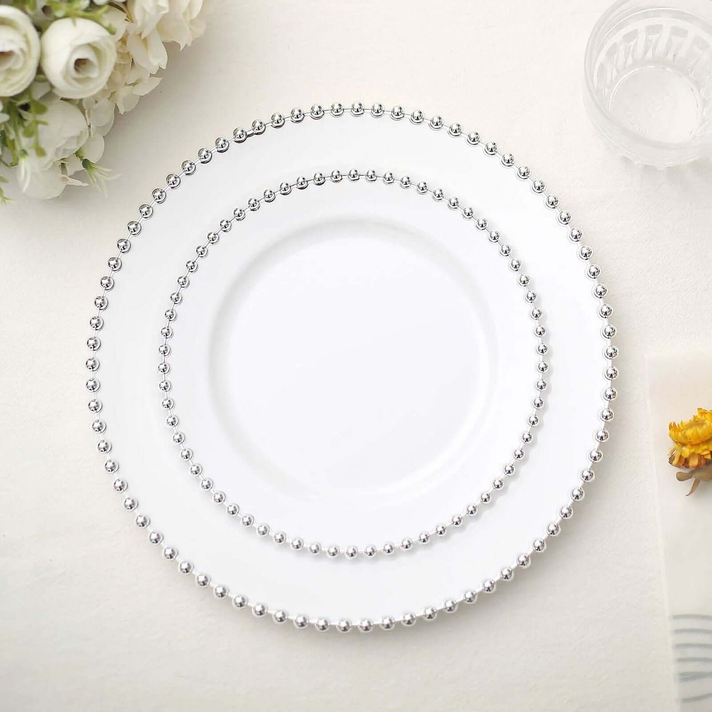 10-Pack White Plastic Dessert Plates â€“ 8" Round with Silver Beaded Rim, Disposable for Parties & Events