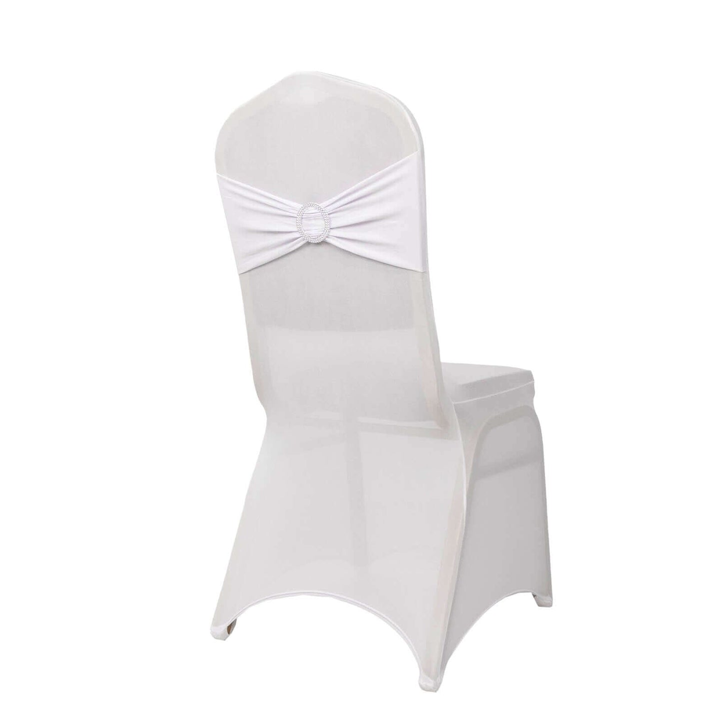 Spandex Chair Cover with Silver Rhinestone Buckled Sash Band White - Stylish Stretch Fitted Slipcover for Banquets & Events