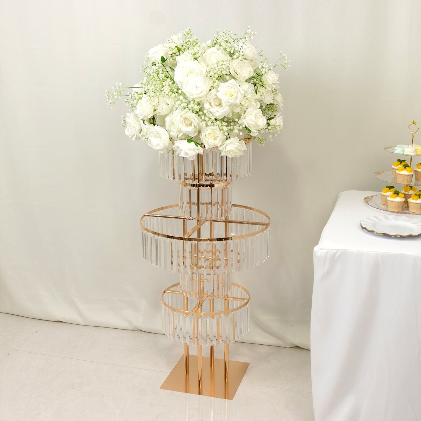 40" Crystal Pendant Table Centerpiece in 5-Tier Gold, Round Flower Stand Metal Vase Chandelier with Hanging Crystals