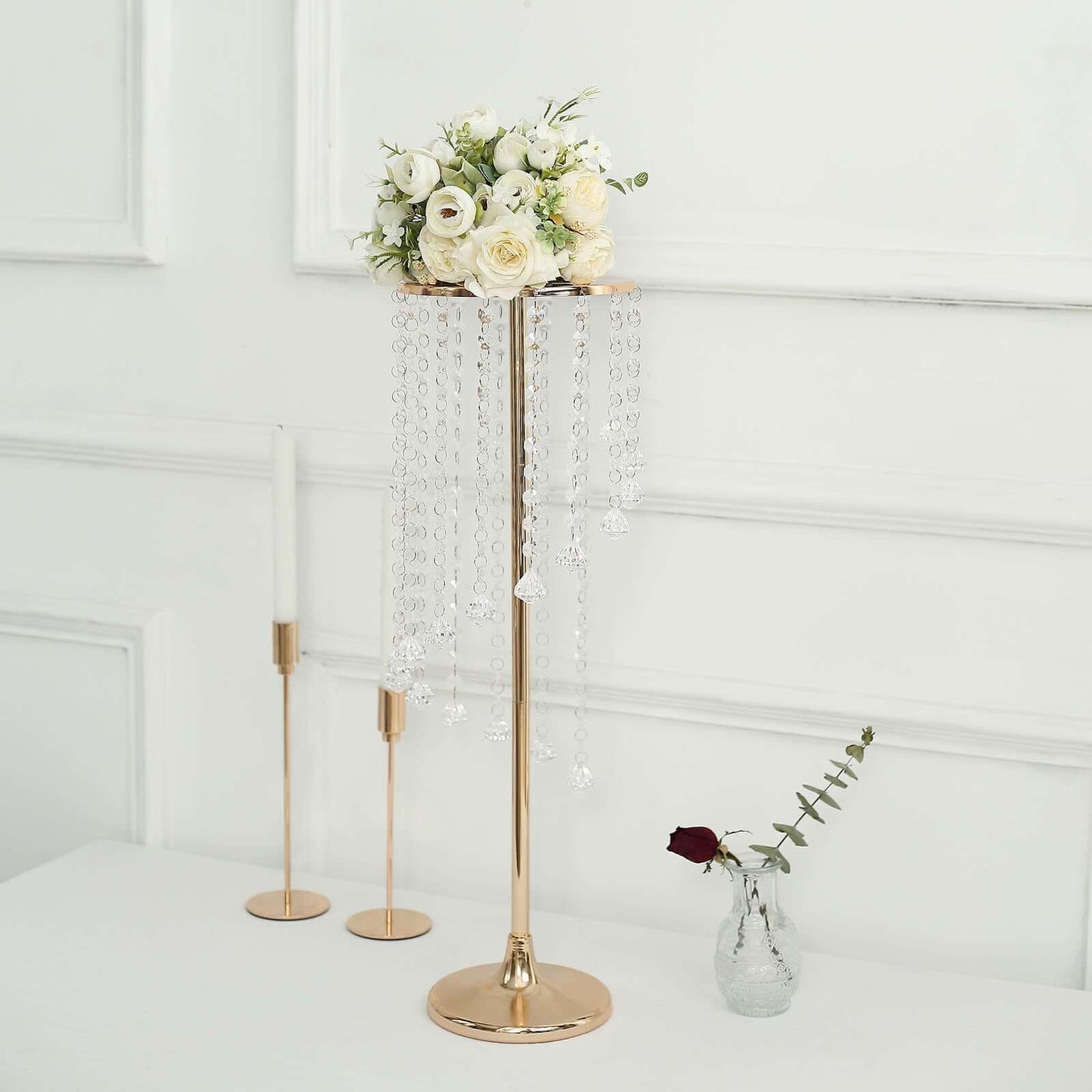 2-Pack Metal Flower Stand Gold with Spiral Hanging Beads - Crystal Pedestal Table Wedding Centerpiece 24"