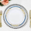 10-Pack Plastic 10" Round Dinner Plates in White with Royal Blue Rim - Stylish Gold Vine Design Disposable Party Plates for Special Occasions & Celebrations