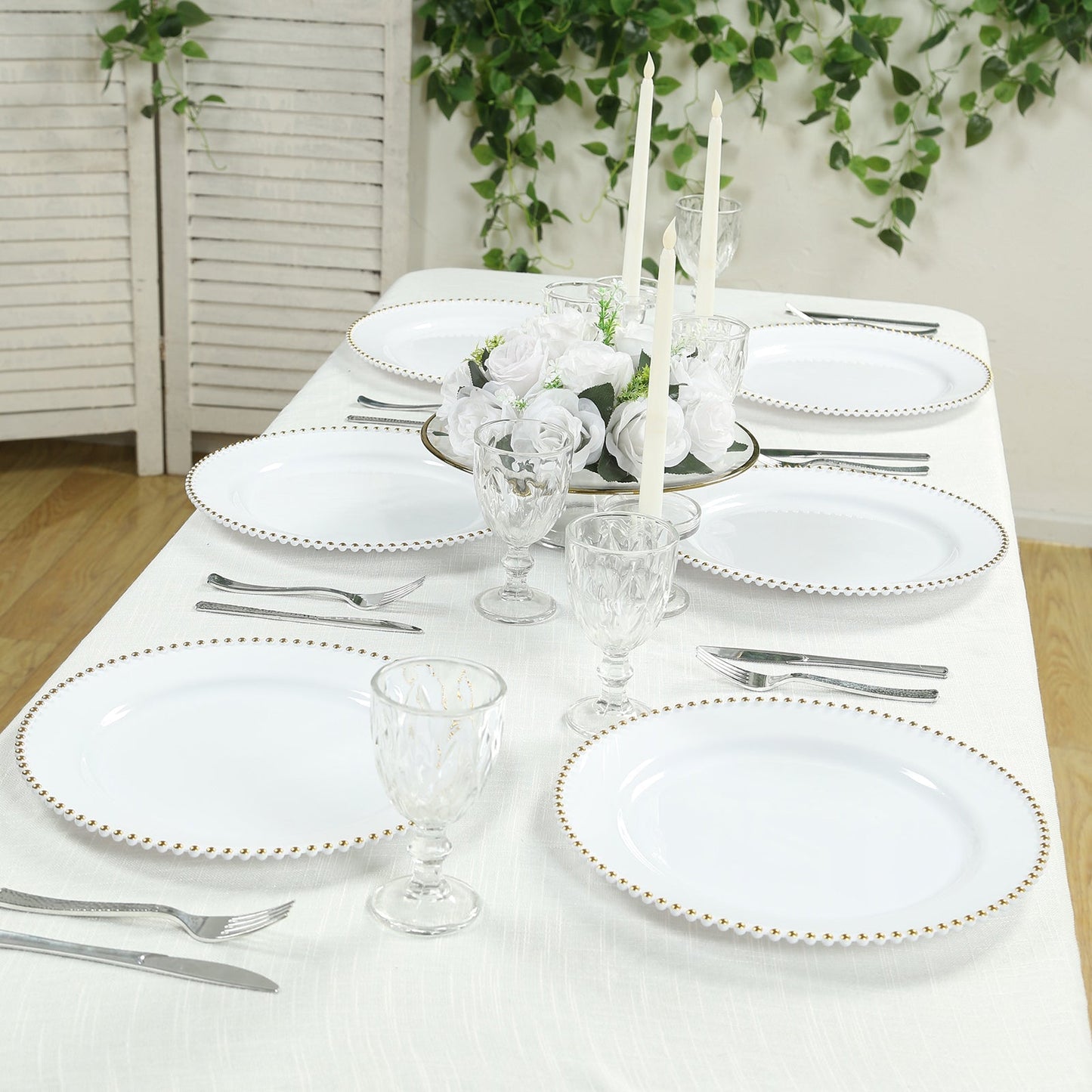 10-Pack Economy Round Plastic Charger Plates 13" in White with Gold Beaded Rim, Stylish Dinner Party Serving Plates