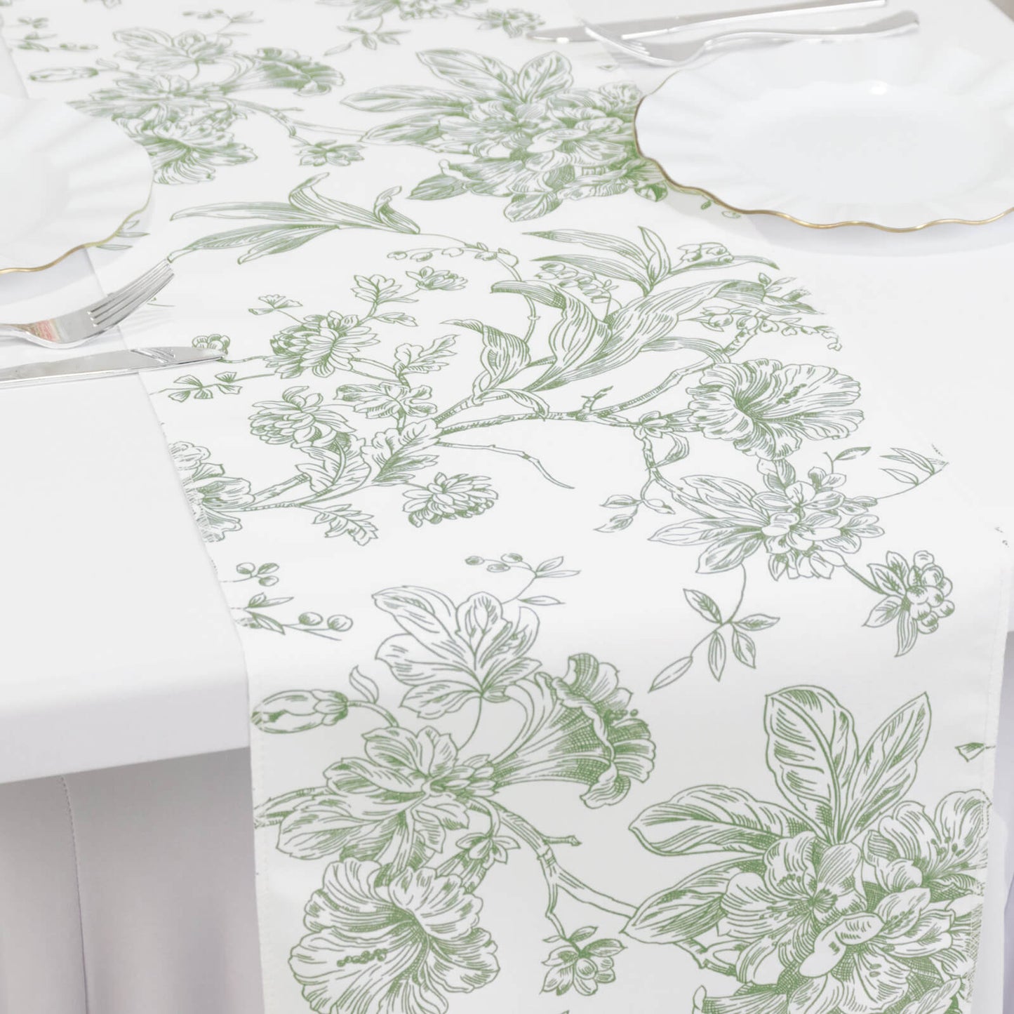 Polyester Table Runner 12"x108" White with Dusty Sage Green French Toile Floral Print Reusable Table DÃ©cor