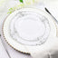 10-Pack Plastic 8" Round Dessert Plates in White with Silver Leaf Embossed Rim - Disposable Vintage Baroque Style Salad Plates