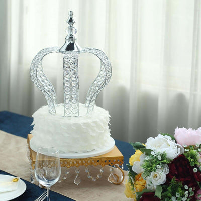 Crystal-Bead Royal Crown Cake Topper Metallic Silver - Dazzling Cake Centerpiece Decor for Luxurious Birthdays Receptions & Romantic Celebrations 14"
