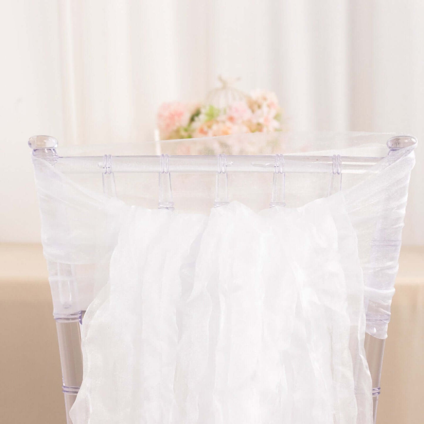 5 Pack Crinkled Organza Chair Sashes White with Shimmer Chiffon Layers - Stylish Sheer Decor for Weddings & Gatherings