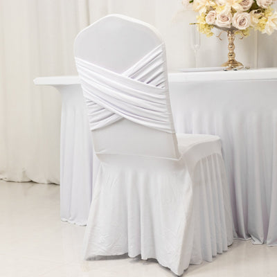 White Spandex Banquet Chair Cover with Ruffle Skirt & Cross Back Sash â€“ Stretch Slipcover for Events - Chair Covers