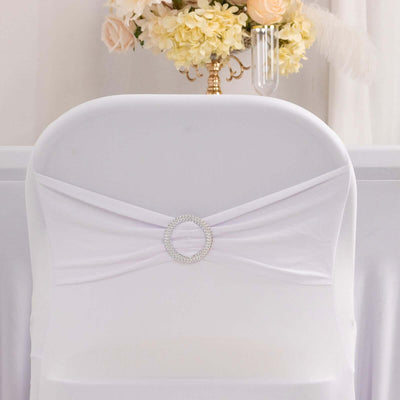Stretch Spandex Chair Cover White for Folding Chairs - Enhanced Style & Secure Fit Slipcover with Stunning Silver Rhinestone Buckled Sash Band