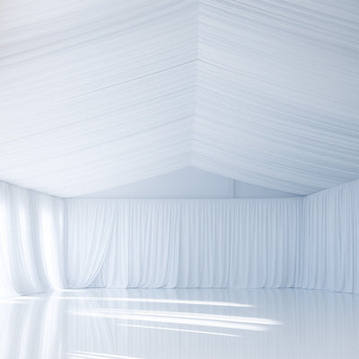 White Stretch Spandex Tent Ceiling Drape â€“ 25ft x 36ft 180GSM Wrinkle-Free Fabric Ceiling Liner with Pole Pockets