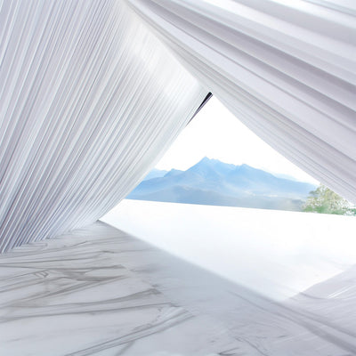 White Stretch Spandex Tent Ceiling Drape â€“ 25ft x 36ft 180GSM Wrinkle-Free Fabric Ceiling Liner with Pole Pockets