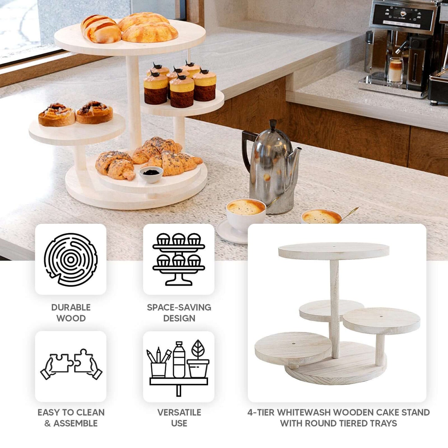 4-Tier Wooden Cake Stand Whitewash with Round Tiered Trays - Rustic Cupcake Tower Dessert Display 14" Tall