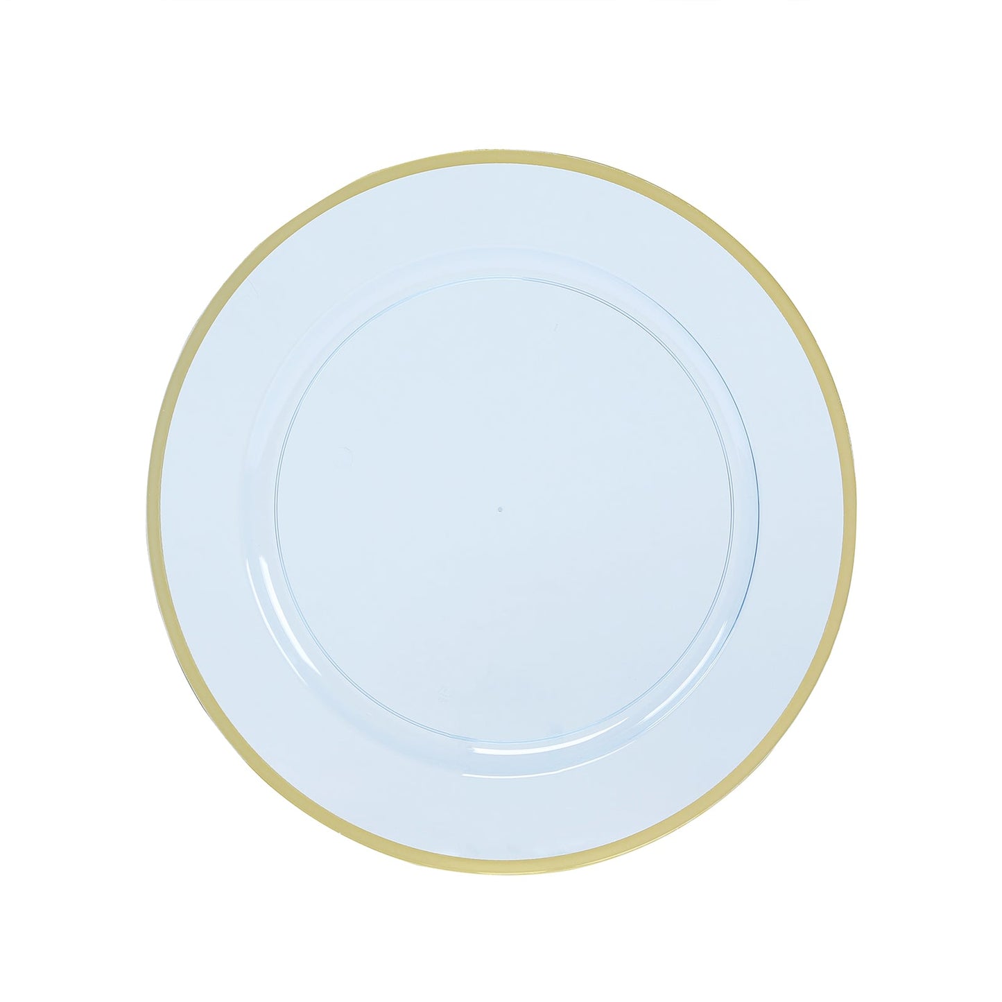 10-Pack Economy Plastic Round Charger Plates 12" in Transparent Dusty Blue with Wide Gold Rim, Decorative Dinner Party Serving Plates