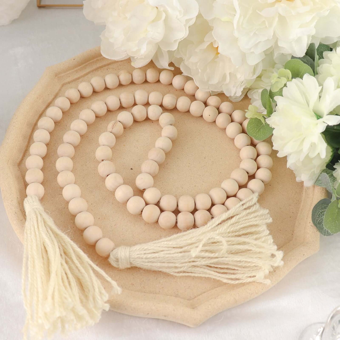 55" Cream Rustic Boho Chic Wood Bead Garland With Tassels, Farmhouse Country Wood Bead Chain