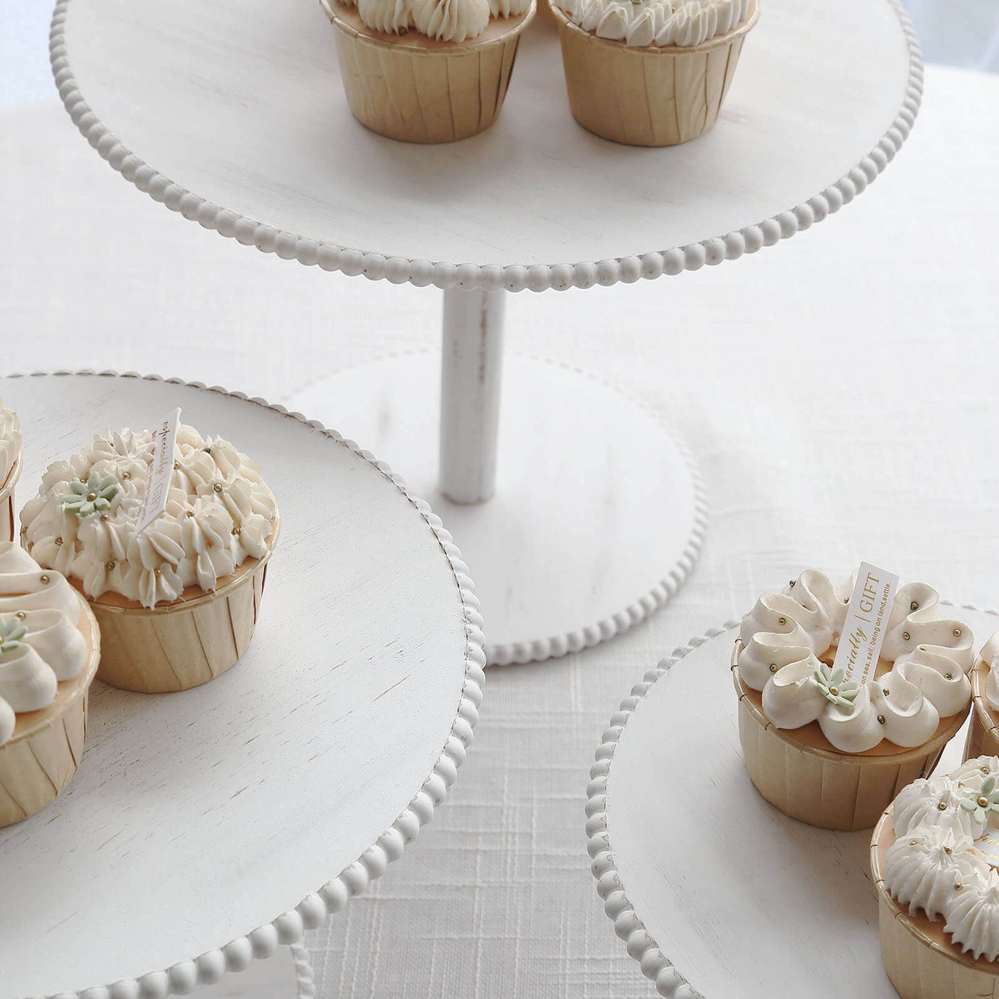 Set of 3 Wooden Pedestal Cake Stands Whitewash with Round Beaded Rim Trays - Stackable Rustic Cupcake Display 8", 10", 12"