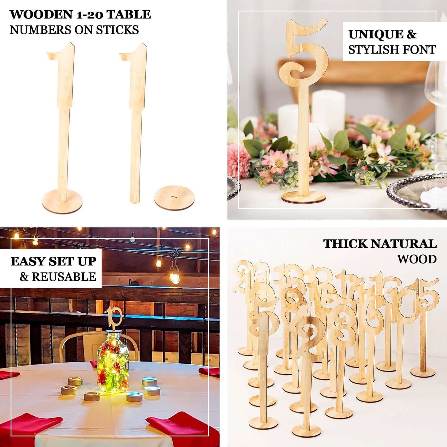 Set of 20 Wooden Wedding Table Numbers Natural 1-20 with Round Holder Base - Rustic Table Signs for Receptions 11" Tall