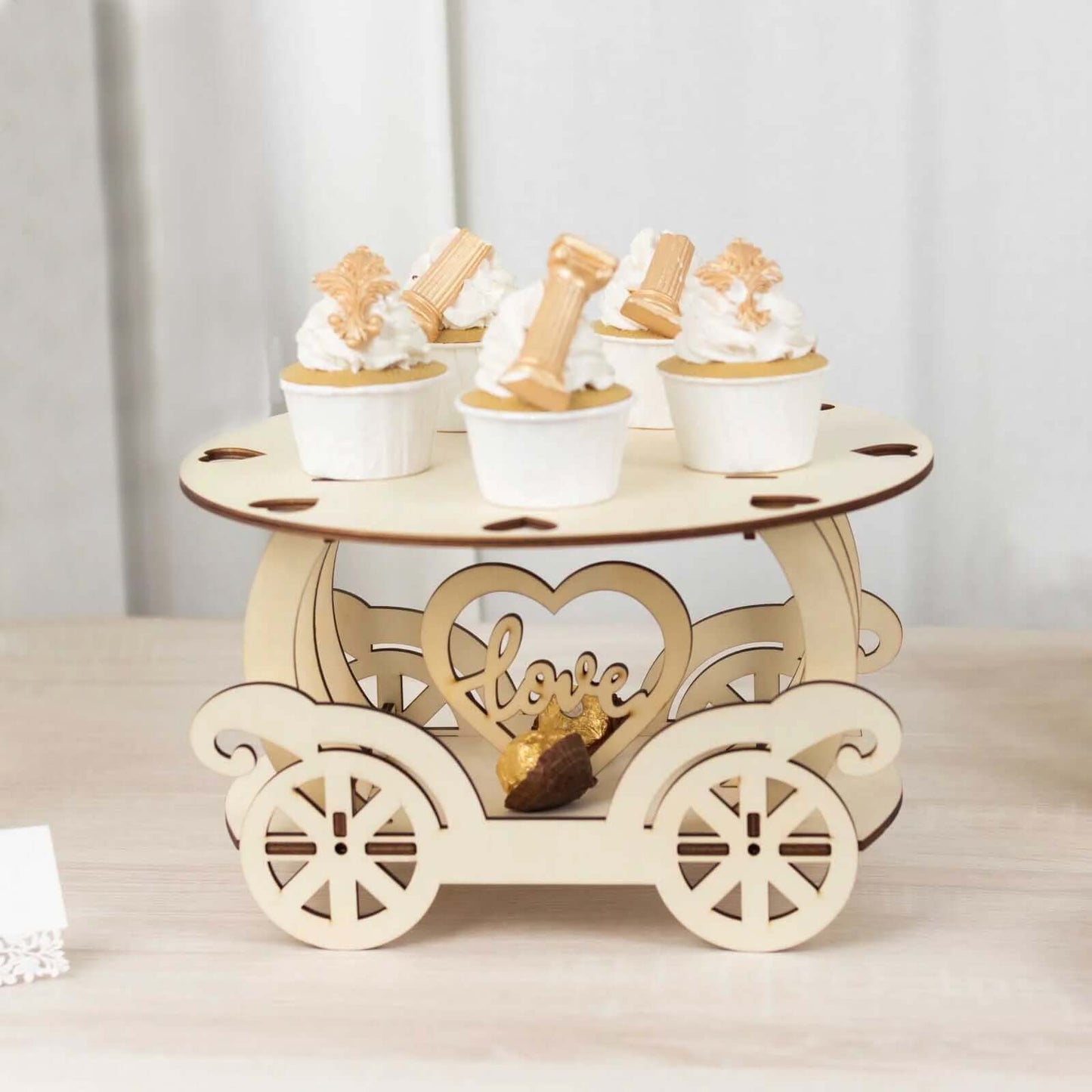 Wooden Wedding Cake Stand Carriage Shape Natural with Laser Cut Design - Round Cupcake Holder Display Plate 12"