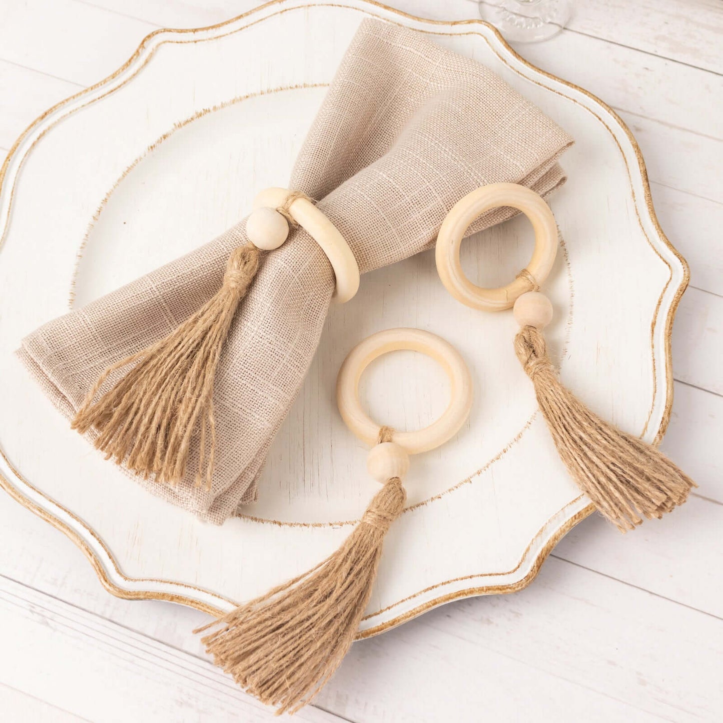 4 Pack Cream Wooden Napkin Rings with Woven Jute Beaded Tassel, Rustic Boho Chic Serviette Buckles