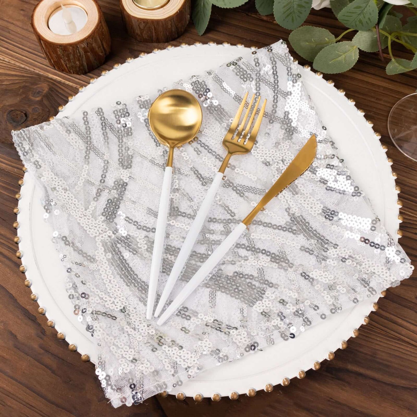 Sequin Mesh 20"x20" Napkin SIlver - Wave Embroidered Reusable Napkin