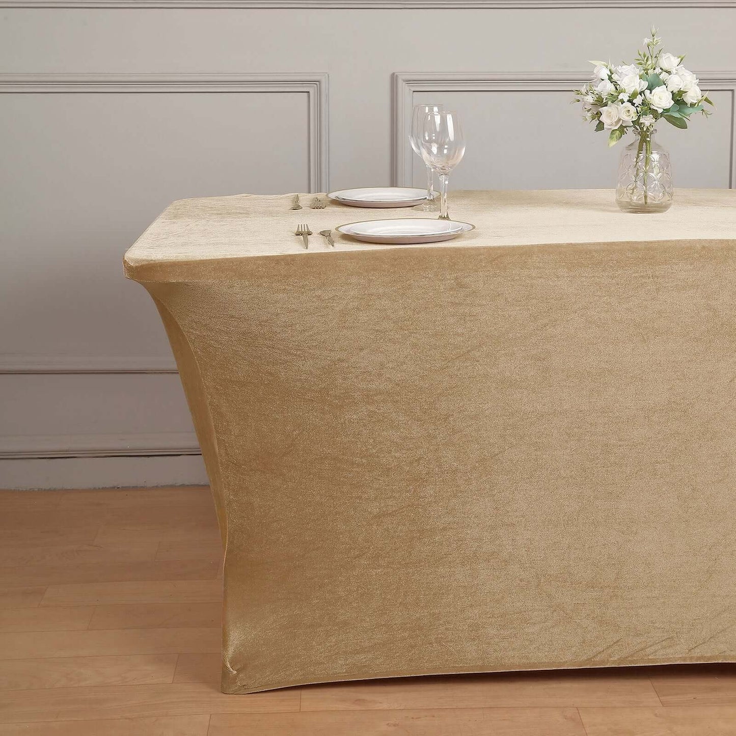 Velvet Spandex 6ft Rectangle Tablecloth Champagne - Fitted Wrinkle-Free Design for 72"x30" Tables
