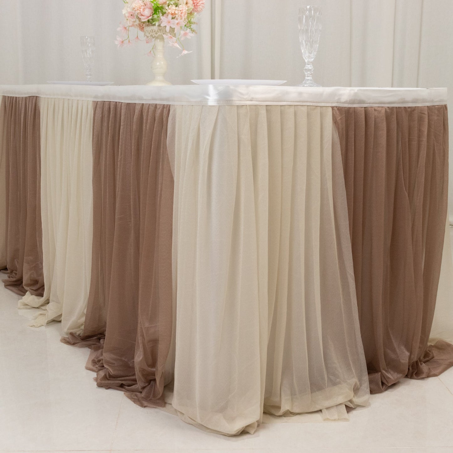 14ft Sheer Pleated Ruffle Skirting Chiffon Table Skirt - Taupe and Beige, Shimmer Sheer, Wrinkle-Free Fabric